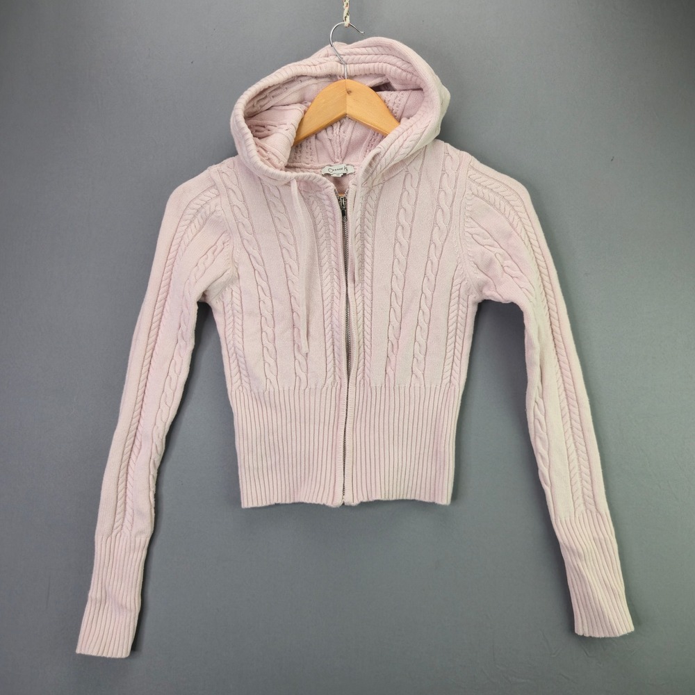 Orange Kiss Cable Knit Zip Up Hoodie Sweater Size M Pink Vintage Y2K Style
